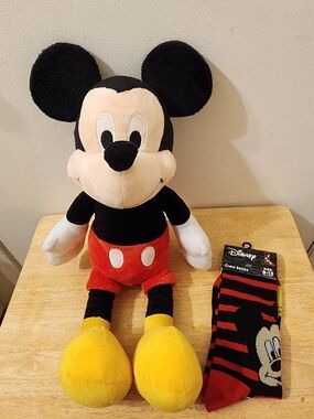 Disney Mickey Mouse 21" Plush Toy & Matching Mickey Mouse Red/Black Stripe Socks
